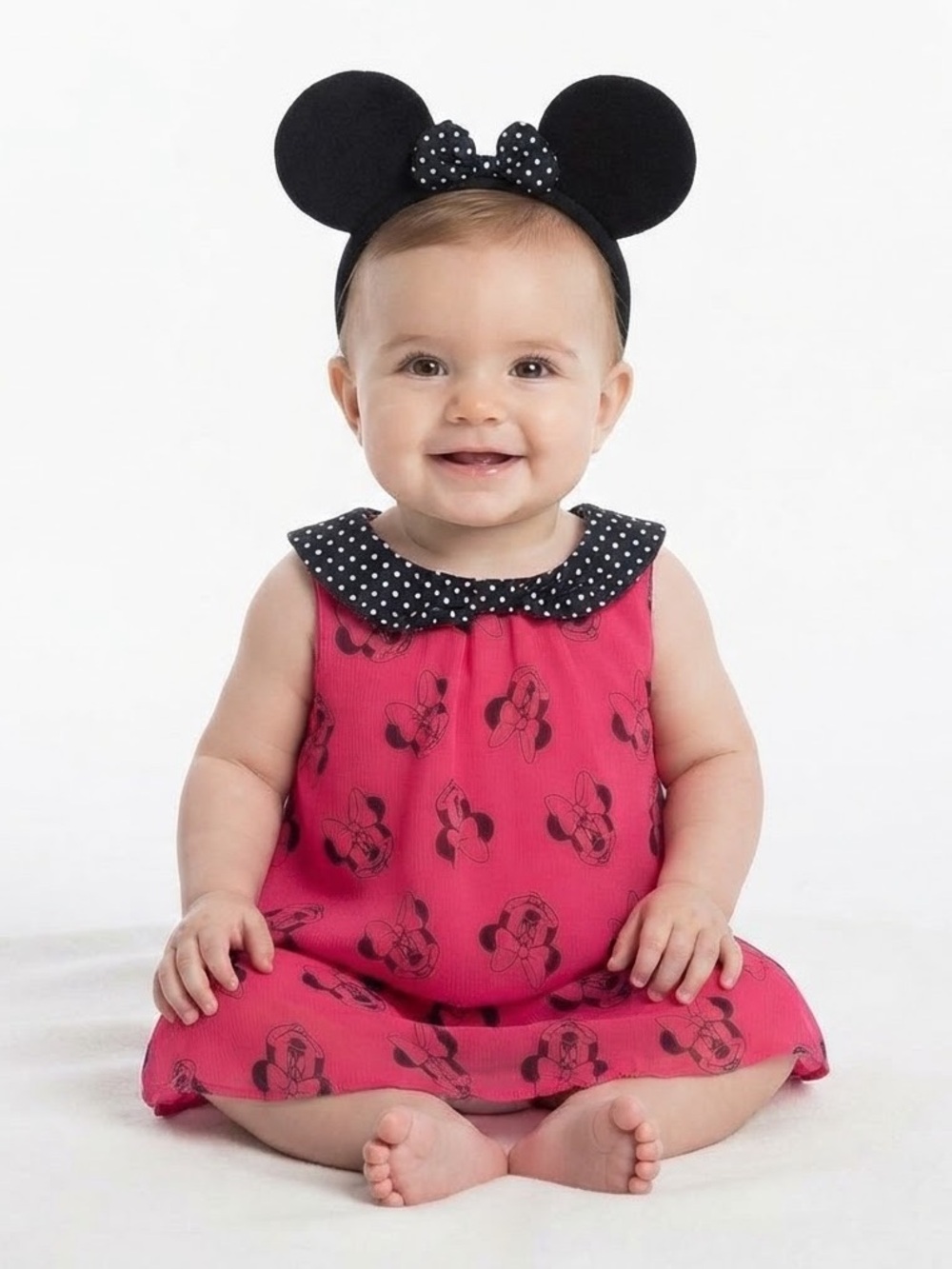 Disney Baby Minnie Girl Romper 3-6 M w Polka Dots Black on Peter Pan Neckline